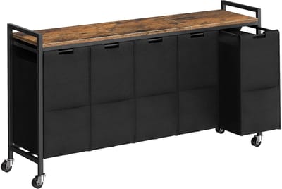 TRANKIELO® - Wasmand op Wielen – Stijlvol Vintage Bruin en Zwart – Ruim 5-vakken Design – Duurzaam en Praktisch – Ideaal voor Wasruimte en Badkamer