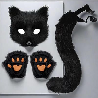 Masque de Renard Halloween Ensemble Queue Gants Accessoire Costume Cosplay Fête à Thème Déguisement Accessoires Fête Foraine Costumes Accessoires white