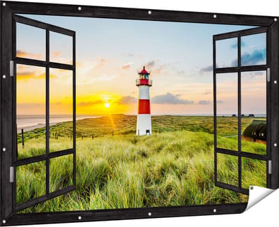 Gards Tuinposter Doorkijk Vuurtoren met Zonsopgang op een Eiland - 180x120 cm - Tuindoek - Tuindecoratie - Wanddecoratie buiten - Tuinschilderij