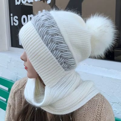 BRD® Winter | 2-in-1 Gebreide Muts en Sjaal Wit dik met pompon