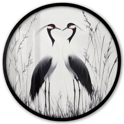 Poster in lijst Rond - Fotolijst 40x40 cm - Posters - Kraanvogels - Gras - Hartvorm - Zwart - Ronde posterlijst zwart - Decoratie - Wanddecoratie woonkamer - Muurdecoratie slaapkamer