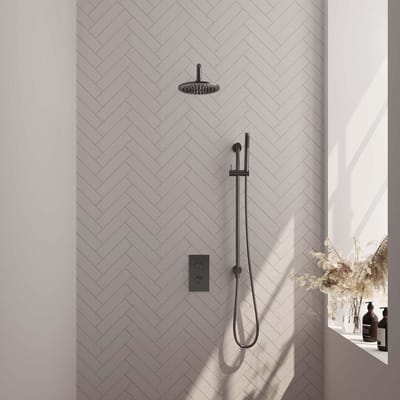 Brauer Gunmetal Carving Thermostatische Regendoucheset Inbouw - Hoofddouche 20 cm - Gebogen Wandarm - 3 Weg - Handdouche Staaf - Doucheslang - Geintegreerde Glijstang - Gunmetal
