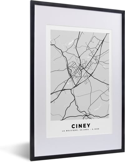 Fotolijst incl. Poster Zwart Wit- Stadskaart – Zwart Wit - Kaart – Ciney – België – Plattegrond - 40x60 cm - Posterlijst
