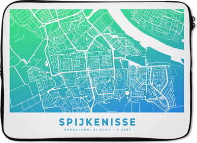 Laptophoes 13 inch - Stadskaart - Spijkenisse - Blauw - Nederland - Laptop sleeve - Binnenmaat 32x22,5 cm - Zwarte achterkant
