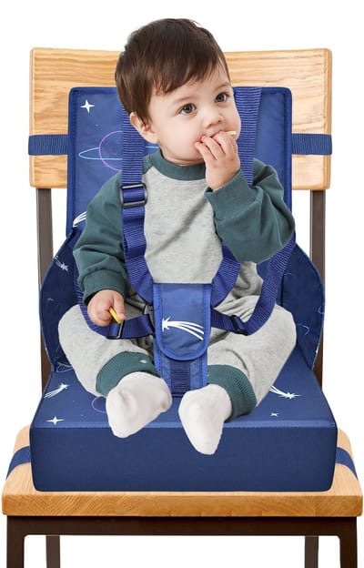 Verhogingsstoel, draagbare kinderstoel met 5-punts veiligheidsgordel, 8 cm zitkussen en rugleuning, opvouwbare reisstoel, babyzitje voor thuis en onderweg (blauw) NAIZY