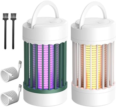 Effectieve Elektrische Insectenverdelger, 2 Stuks, Muggenspray en Vliegenval, Draagbare USB Oplader met Schoonmaakborstel voor Thuis, Kamperen en Picknicken (Groen + Wit)