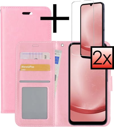 Hoesje - Met 2x Screenprotector - Geschikt voor Samsung Galaxy A25 - Luxe Pasjeshouder - Bookcase Portemonee - Flip Case - Kunstleer Book Case - Flipcase Hoes - Book Cover - Walletcase - Portemonneehoes - Lichtroze