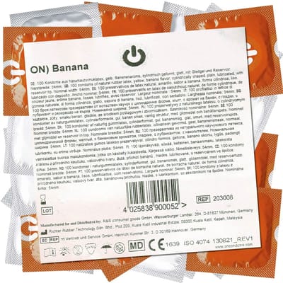 ON) Condooms Banaan | 54 mm breedte | gelb & fruity | met siliconen glijgel | dunne 0,07 mm wanddikte | 100 stuks verpakking