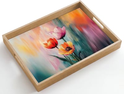 Dienblad hout 50x35 cm - Schootdienblad - Dromerig - Bloemen - Verfijnde details - Borrelplank rechthoek - Plateau dienbladen