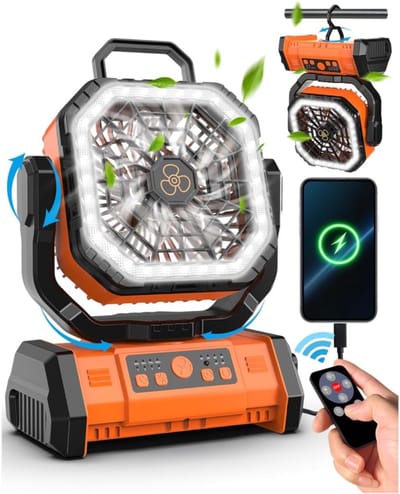 Oplaadbare Campingventilator - 20.000 mAh - LED-Licht - 4 Snelheden - Voor Camping en Outdoor