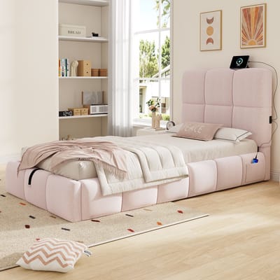 FloraGrace Kinderbed 90x200 cm - Hydraulisch Bed Met USB-Aansluiting en Lattenbodem - Met Grote Opbergruimte - Voor Kinderen - Fluweel - Roze - Zonder Matras