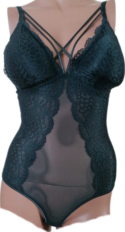 Dames - Bodystocking - Lingerie - Met Kant en doorzichtig Lijfje - Corrigerend - Kleur Donkergroen - Maat 34-36 - Cadeau - Kerst