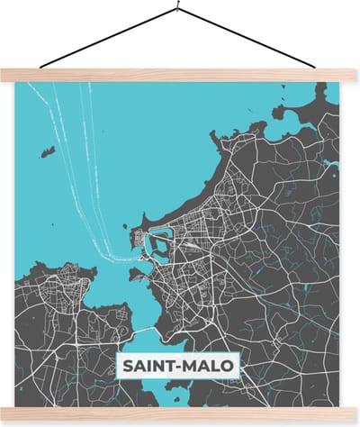 Posterhanger incl. Poster 40x40 cm - Schoolplaat - Saint-Malo - Frankrijk - Plattegrond - Stadskaart - Kaart - Textielposter - Blanke latten - Stadskaart