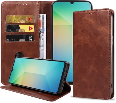 Smartphonica Telefoonhoesje Geschikt voor Samsung Galaxy A06 Kunstleer met Magnetische sluiting en Pasjeshouder Bookcase met Klepje - Donkerbruin geschikt voor Samsung Galaxy A06