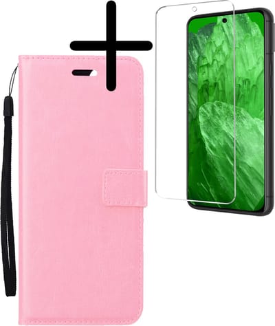 Hoesje Met Screenprotector - Geschikt voor Google Pixel 8a - Luxe Pasjeshouder - Bookcase Portemonee - Flip Case - Kunstleer Book Case - Flipcase - Book Cover - Walletcase - Portemonneehoes - Lichtroze