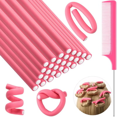 30-delige set elastische krultang - Krultang voor ontspannen slapen - heatless curls - haarrollers - Krullen zonder hitte - Krult ool - Met puntkam - Geschikt voor lang en kort haar - Met spons - Roze