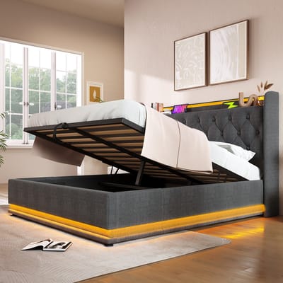 REDOM gestoffeerd tweepersoonsbed 140x200 cm – Linnen grijs – 360° LED, hydraulische opbergruimte, USB/Type-C – 181 kg
