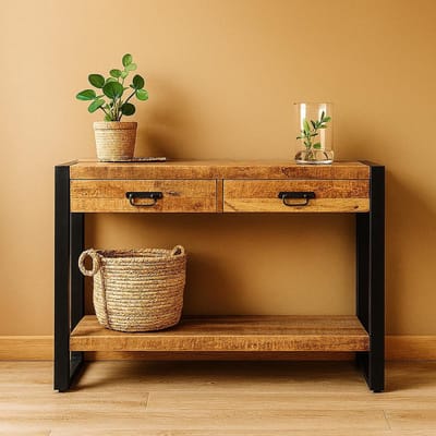 Sidetable Industrieel Mangohout en Staal - 120 cm x 35 cm x 76 cm - Side Table Industrieel Met Lades - Sidetable met lade Hout - Landelijk Hout - Wandtafel Sidetable - Haltafel - Smalle tafel - 120cm x 35cm x 76cm - Makkelijke installatie
