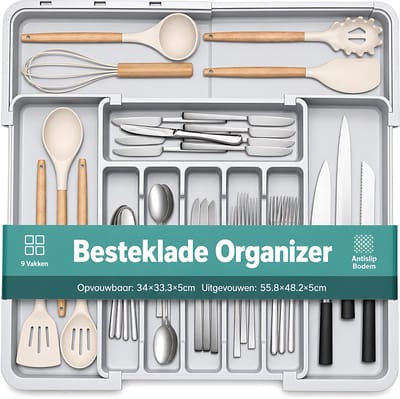 Bestekbak voor Lade met Messenhouder - Bestek Organizer Lade - Keukenlade Organizer - Bestekbak met Vakken - Keuken Bestek Opberger Grijs