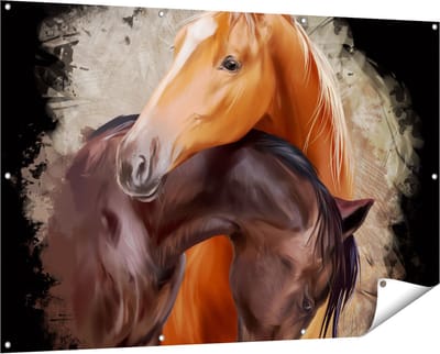 Gards Tuinposter Twee Getekende Knuffelende Paarden - Abstract - 150x100 cm - Tuindoek - Tuindecoratie - Wanddecoratie buiten - Tuinschilderij