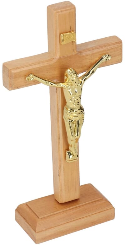 Dailygoody - Staand kruis - Handgemaakt crucifix-tafelkruis - Stabiele basis - Religieuze decoratie - Geschikt voor thuis - 7,5 x 4 x 0,5 cm