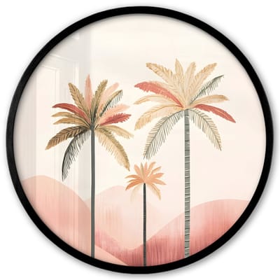 Poster in lijst Rond - Fotolijst 40x40 cm - Posters - Palmbomen - Heuvels - Minimalistisch - Zachtroze - Ronde posterlijst zwart - Decoratie - Wanddecoratie woonkamer - Muurdecoratie slaapkamer