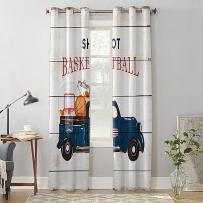 Basketbal Truck Vintage Houten Plank Ramen Gordijnen Woonkamer Slaapkamer Raamdecoratie Huishouden Keukengordijnen 135W x 60H(cm) x1