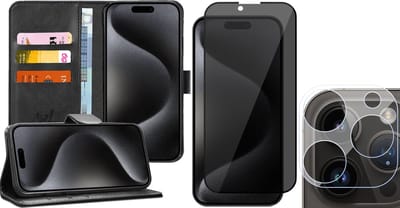 Hoesje geschikt voor iPhone 15 Pro - Privacy Screenprotector FullGuard & Camera Lens Screen Protector - Book Case Kunstleer Pasjeshouder Zwart