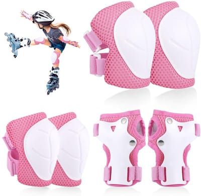 Roze Kinder Beschermset Maat S (15-40kg), Complete Set met 2 kniebeschermers + 2 polsbeschermers + 2 handbeschermers, PP hardschaal en dikke schuimvulling, ademend gaas voor skeelers, fietsen en buitensport