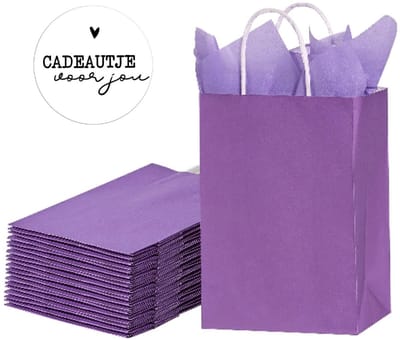 25 x papieren draagtassen Van Kraftpapier paars 18x8x22cm Met Handvat en stickers cadeautje voor jou 4cm/ Kraft Papieren Tasjes / Cadeautasjes met gedraaid handgrepen / Zakjes/
