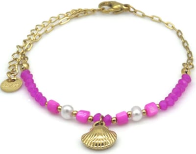 Dames Armband – RVS – Glaskralen & Schelp – Boho Stijl – Verstelbaar 16-21cm