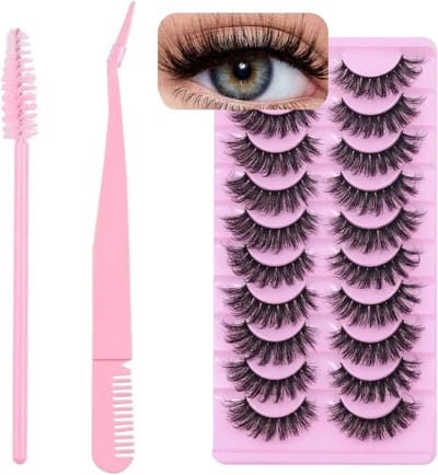 Valse wimpers met Wispy Cat Eye D Curl, herbruikbaar en natuurlijk ogend, inclusief pincet en roze mascara, 10 paar