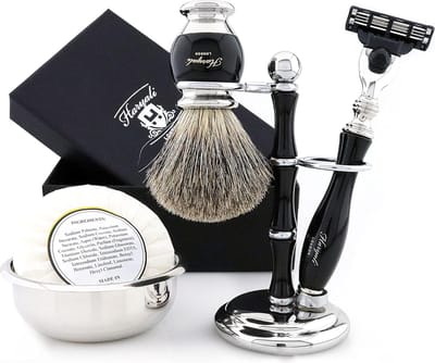 Complete scheerset voor mannen, Haryali London-scheerset voor het scheren van mannen, met 3-randscheermes, scheerkwast, scheerstandaard, scheerkom en zeep, beste scheerset voor het scheren van mannen in zwarte kleur