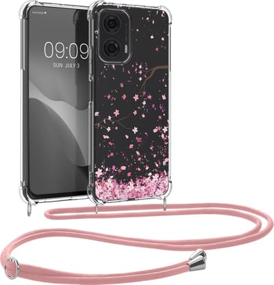 kwmobile telefoonhoesje geschikt voor Motorola Moto G24 / E14 / G04 / G04s - Hoesje met telefoonkoord - Back cover voor smartphone - Case in poederroze / donkerbruin / transparant