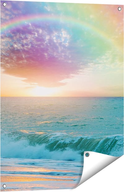 Gards Tuinposter Regenboog in het Water bij het Strand - 60x80 cm - Tuindoek - Tuindecoratie - Wanddecoratie buiten - Tuinschilderij