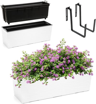KADAX Bloembak van kunststof, 18,5 x 56 cm, plantenbak met inzet, weerbestendige balkonbak, rechthoekige bloembak, bloempot voor buiten, met houders, gekerfd patroon, wit