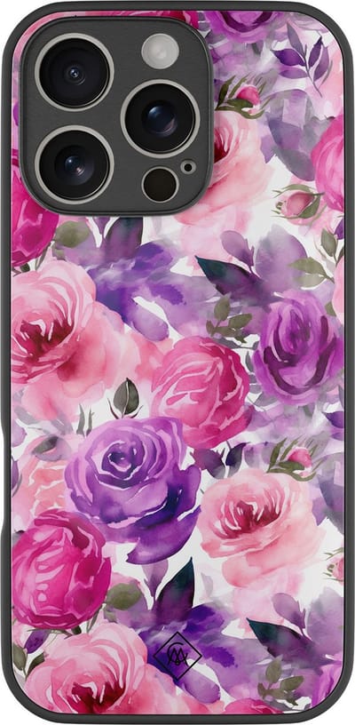 Casimoda® hoesje - Geschikt voor iPhone 16 Pro - Rosy Blooms - Luxe Hard Case Zwart - Backcover telefoonhoesje - Roze