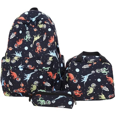 Ruimte Dinosaurus Rugzak | Kinderen | Zwart | Rugtas, etui en lunchtas met mooie 3D geprinte details | 3-delige set jongens schooltassen | grote schooltas | 20 liter
