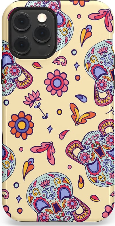 Casetastic hoesje geschikt voor Apple iPhone 12 / Apple iPhone 12 Pro - MagSafe - Dubbellaagse bescherming - Dia de los Muertos Doodshoofd Bloemen - Fashion Case - Crème Lila Zilver