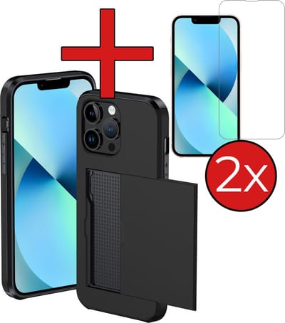Hoesje Geschikt voor iPhone 14 Pro Hoesje Met Pasjeshouder Hard Case Met Kaarthouder Met 2x Screenprotector - Hoes Geschikt voor iPhone 14 Pro Hoesje Pashouder Case - Zwart
