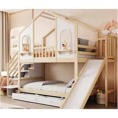 ModernLuxe kinderstapelbed 90x200 cm - Huis-design - met opbergtrap + glijbaan - met 2 lades - Natuur​ (matras niet inbegrepen)