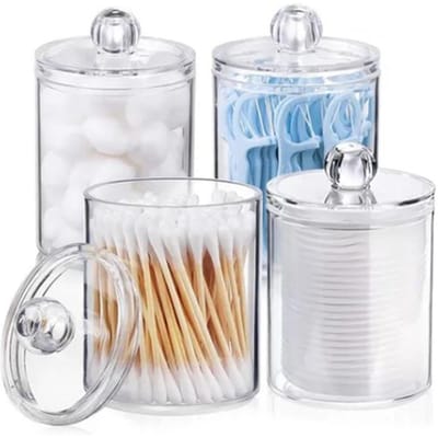 4 Stuks Voorraadpot Helder Rond PS Plastic Badkamerbusset voor Wattenstaafjes Wattenbolletjes Cosmetische Pads white