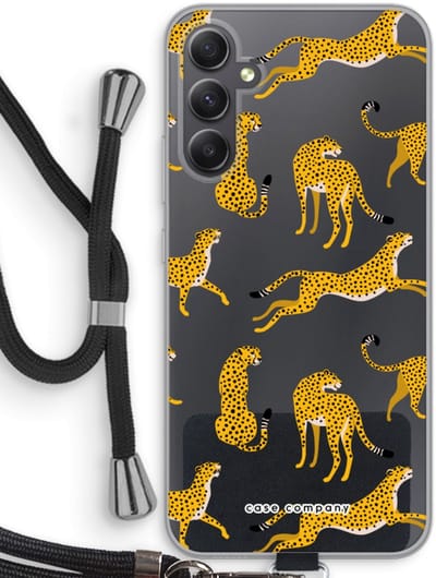 Case Company® - Hoesje met koord geschikt voor Samsung Galaxy A34 hoesje met Koord - Luipaard - Telefoonhoesje met Zwart Koord - Bescherming aan alle Kanten en Over de Schermrand