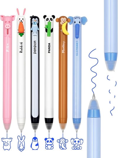 Set van 6 Uitwisbare Ballpennen met Diermotieven - 0.7mm Blauwe Inkt