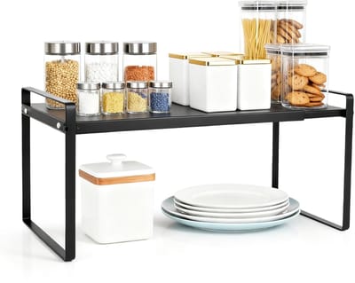 Uitbreidbare keukenkast organizer, 21 x 18 x 36 cm, verstelbaar keukenrek, werkblad, zwart metalen rek voor keuken, toonbank, eetkamer en badkamer