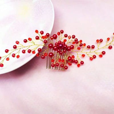 Mooie Bruidshaarkam Bruidsjurk Haaraccessoires Clip Haarpinnetjes voor Vrouwen Parelsieraden Bruids Hoofddeksel Versieringen rood