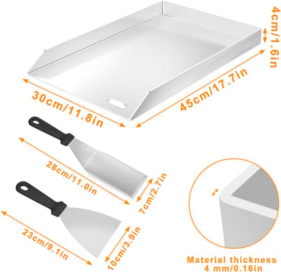 Froadp Plancha-grillplaat 30x45x4 cm - 4 mm roestvrijstalen grillplaat voor gas en houtskool, met grillspatel en schraper - roestvrij, hittebestendig - universeel voor barbecue, steak, groenten (zonder handvat)