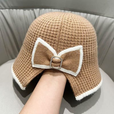 Nœud Tricoté Color Block, Chapeau de Pêcheur Rétro Polyvalent Chapeau en Laine Automne et Hiver M（56-58cm） beige