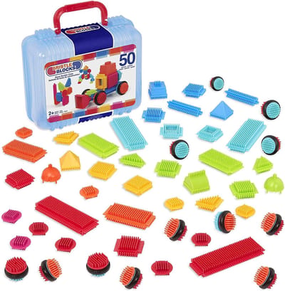Bristle Blocks 50 Stuks - Nopper Bouwspeelgoed - In Blauwe Koffer