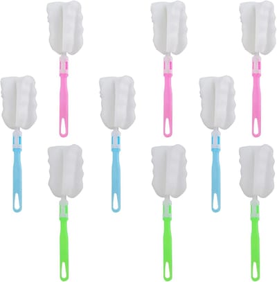 9-delige Lange Handgreep Flesborstel Set, Verstelbare Borstel voor Babyflessen, Bekers en Thermosflessen, Kleuren: Blauw, Groen, Roze